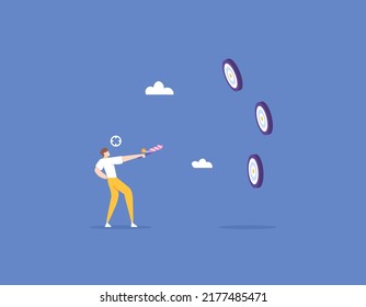 set goals and objectives. multiple targets. efforts to hit the target or achieve the target. an entrepreneur or employee tries to aim at some dartboards. businessman. illustration concept design