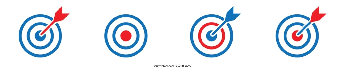 Set of goals. Target icons with arrow. Archery target symbols isolated on white background.