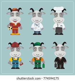 Set of goat in different costumes: builder, sportsman, worker, doctor, manager, cook in cartoon style.