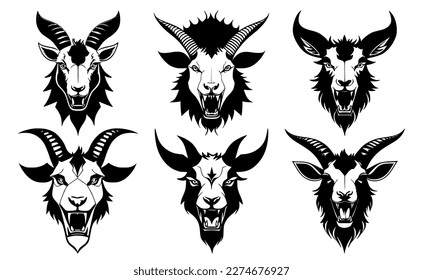Set of goat heads with open mouth and bared fangs, with different angry expressions of the muzzle. Symbols for tattoo, emblem or logo, isolated on a white background.