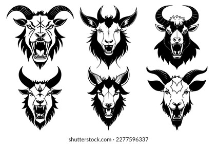 Set of goat heads with open mouth and bared fangs, with different angry expressions of the muzzle. Symbols for tattoo, emblem or logo, isolated on a white background.