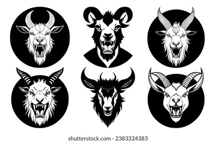 Set of goat heads with open mouth and bared fangs, with different angry expressions of the muzzle. Symbols for tattoo, emblem or logo, isolated on a white background.