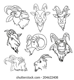 Set of goat heads, vector illustration