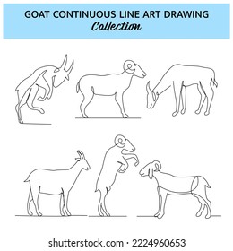 Set of goat line design. Simple animal silhouette decorative elements drawn with one continuous line. Vector illustration of minimalist style on white background.