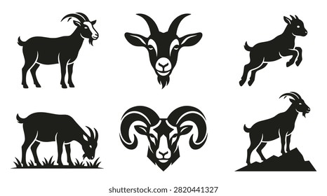 set of goat and ram silhouettes for farm animal branding elements