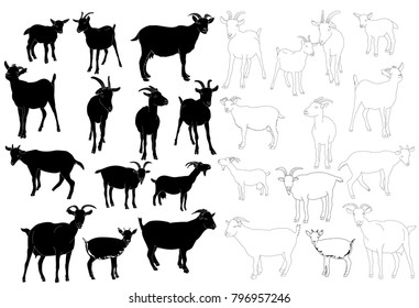 set of goat silhouettes, outline of goat