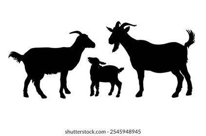 Set of goat silhouettes. She-goat and kid. Family of the farm animals. Vector illustration isolated on a white background