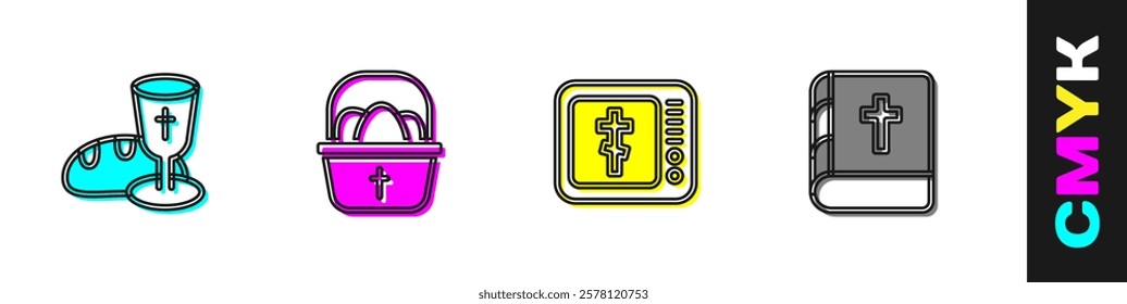 Set Goblet and bread, Basket with easter eggs, Online church pastor preaching and Holy bible book icon. Vector