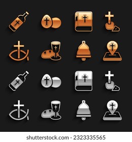 Set Goblet and bread, Christian cross, Location church building, Church bell, fish, Holy bible book, water bottle and Easter egg icon. Vector