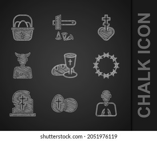 Set Goblet and bread, Easter egg, Hands in praying position, Crown of thorns, Grave with tombstone, Krampus, heck, Religious cross heart and Basket easter eggs icon. Vector