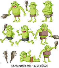 Goblin- oder Troll-Set mit Jagdwerkzeug einzeln auf weißem Hintergrund