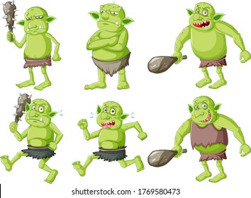 Set of goblin or troll with hunting tool isolated on whie background illustration