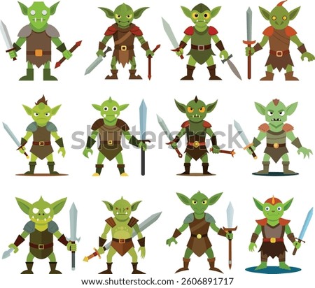 Set of goblin warrior in armor holding a rusty sword