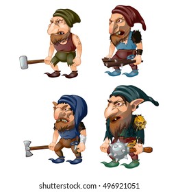 Set of goblins with a bludgeon, axe, hammer and club. Fantastic inhabitants of the forest. Vector illustration.