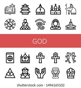 Set of god icons such as Bible, Taoism, Temple, Buddha, Vatican, Eye of ra, Church, Nun, Anubis, Atlas, God, Synagogue, Jesus, Ankh, Prayer, Sarcophagus, Mosh, Pope , god
