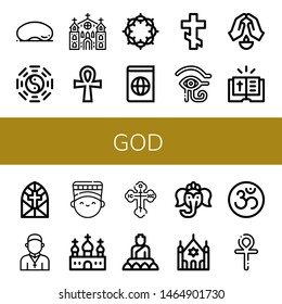 Set of god icons such as Cloud gate, Taoism, Church, Ankh, Crown of thorns, Atlas, Orthodox cross, Eye of ra, Prayer, Bible, Stained glass window, Priest, Nefertiti, Buddha , god