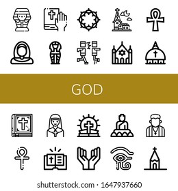 Set of god icons. Such as Sarcophagus, Nun, Bible, Crown of thorns, Mosh, Church, Synagogue, Ankh, Vatican, Prayer, Buddha, Eye of ra, Pastor , god icons