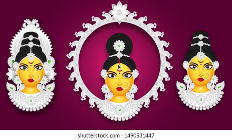 Set of Goddess Durga Face in different style on purple background.