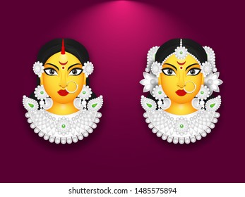 Ilustración de la diosa Durga Face sobre fondo morado. Se puede usar diseño de pancartas o carteles.