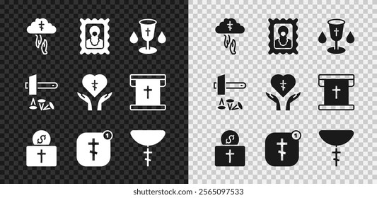 Set God's helping hand, Christian icon, chalice, Donation for church, Online pastor preaching, cross chain, Crucifixion of Jesus and Religious heart icon. Vector