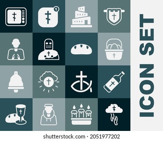 Set God's helping hand, Holy water bottle, Basket with easter eggs, Babel tower bible story, Knight crusader, Hands praying position, Online church pastor preaching and Bread loaf icon. Vector