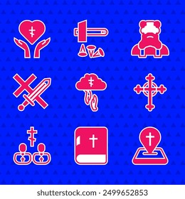 Set God's helping hand, Holy bible book, Location church building, Christian cross, Priest, Crusade,  and Religious heart icon. Vector