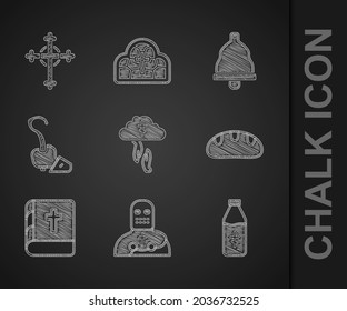 Set God's helping hand, Knight crusader, Holy water bottle, Bread loaf, bible book, Magic staff, Church bell and Christian cross icon. Vector