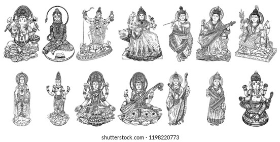 Set of Gods for Indian festival, Goddess Durga, Lord Rama and Hanuman. Lord Ganpati or Ganesha, Shiva and Lakshmi his wife. Lord Vishnu,  Saraswati, Devi Parvati  and Lord Murugan, Kali. Vector.
