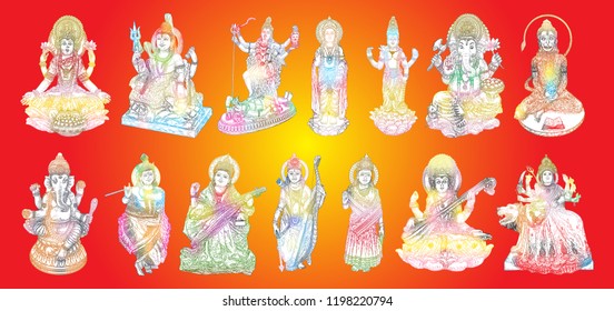 Set of Gods for Indian festival, Goddess Durga, Lord Rama and Hanuman. Lord Ganpati or Ganesha, Shiva and Lakshmi his wife. Lord Vishnu,  Saraswati, Devi Parvati  and Lord Murugan, Kali. Vector.