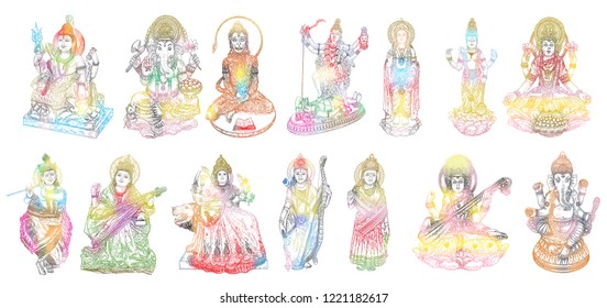 Set of Gods for Indian festival, Goddess Durga, Lord Rama and Hanuman. Lord Ganpati or Ganesha, Shiva and Lakshmi his wife. Lord Vishnu,  Saraswati, Devi Parvati  and Lord Murugan, Kali. Vector.