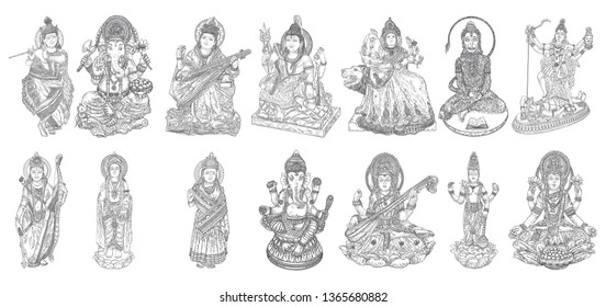 Set of Gods for Indian festival, Goddess Durga, Lord Rama and Hanuman. Lord Ganpati or Ganesha, Shiva and Lakshmi his wife. Lord Vishnu,  Saraswati, Devi Parvati  and Lord Murugan, Kali. Vector.