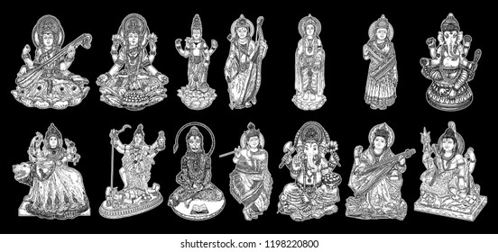 Set of Gods for Indian festivals, Puja in Dussehra Vijayadashami Navratri, for Ganesh Chaturthi or Vinayaka and Chavithi, for Maha Shiwaratri or Shivratri, for Diwali and for Vasant Panchami. Vector. 