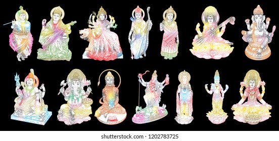 Set of Gods for Indian festivals, Puja in Dussehra Vijayadashami Navratri, for Ganesh Chaturthi or Vinayaka and Chavithi, for Maha Shiwaratri or Shivratri, for Diwali and for Vasant Panchami. Vector. 