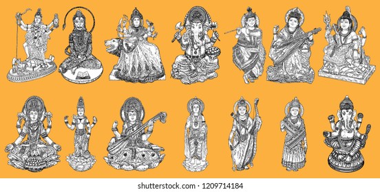 Set of Gods for Indian festivals, Puja in Dussehra Vijayadashami Navratri, for Ganesh Chaturthi or Vinayaka and Chavithi, for Maha Shiwaratri or Shivratri, for Diwali and for Vasant Panchami. Vector. 