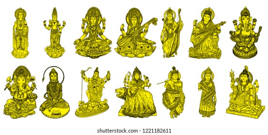 Set of Gods for Indian festivals, Puja in Dussehra Vijayadashami Navratri, for Ganesh Chaturthi or Vinayaka and Chavithi, for Maha Shiwaratri or Shivratri, for Diwali and for Vasant Panchami. Vector. 