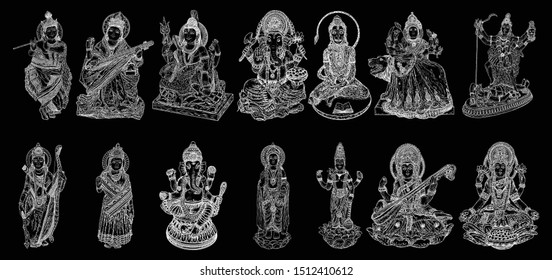 Set of Gods for Indian festivals, Puja in Dussehra Vijayadashami Navratri, for Ganesh Chaturthi or Vinayaka and Chavithi, for Maha Shiwaratri or Shivratri, for Diwali and for Vasant Panchami. Vector. 