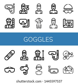 Set of goggles icons such as Snorkel, Snowboarder, Swimmer, Diving mask, Neoprene, Goggles, Greyscale, Snowboard, Ski, Diving glasses, Pool kickboard , goggles