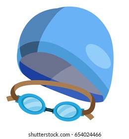 Set Of Goggles And Swimming Cap Flat Icon Isolated On White Background