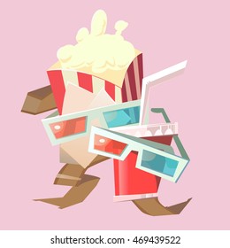 set for going to the cinema. Points anaglyphs popcorn and a drink in a cup with a straw. Cinematography set of square movie banners. 3D glasses