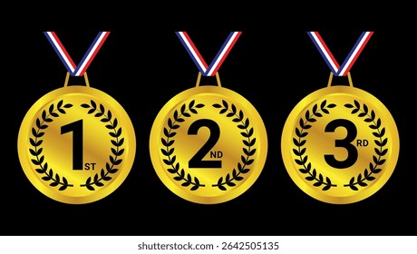 Set of gold 1st, 2nd, and 3rd place award medals with red white blue ribbons, used for competition or ranking	
