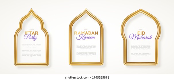 Set of gold 3d arab windows frame silhouettes. Vector illustration. Ramadan Kareem labels for invitation or card template, luxury realistic border. Arabic traditional architecture. Place for text.