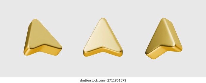 Setzen Sie goldene 3D Pfeile Symbol Vektornavigationselement Grafikdesign. Navigation goldene Pfeile 3D-Symbol einzeln Hintergrund. Entwurfsvorlagenobjekt für die Symbolelementschnittstelle.