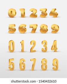 Set of Gold 3d numbers. Design for birthdays and holidays. Symbol vector illustration. Isolated on white background.