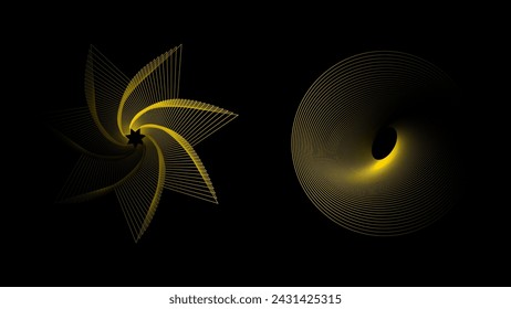 Conjunto de líneas retorcidas 3D de oro. Estilo de espirales de degradado. Túnel de geometría con figuras. Estrellas abstractas de la tecnología. Ilustración vectorial.