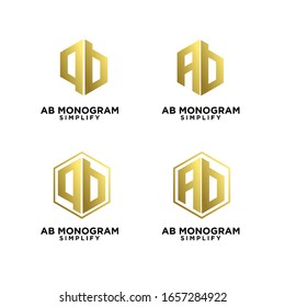 conjunto de abdominales de oro, ba, b diseño inicial de logotipo negro de letra hexagonal b