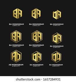 set of gold ab, ba, a b initial monogram hexagon letter black logo design with black background