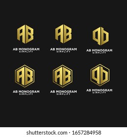 set of gold ab, ba, a b initial monogram hexagon letter black logo design with black background
