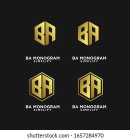 conjunto de abdominales de oro, ba, un b diseño inicial del logotipo negro de letra hexagonal con fondo negro