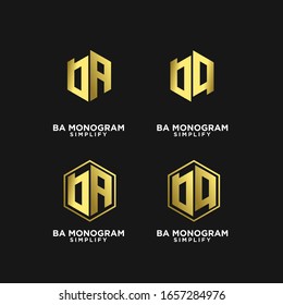 conjunto de abdominales de oro, ba, un b diseño inicial del logotipo negro de letra hexagonal con fondo negro