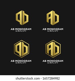 set of gold ab, ba, a b initial monogram hexagon letter black logo design with black background